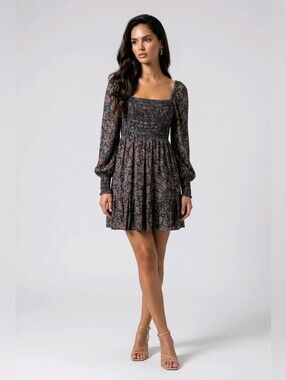 Apricot Black Floral Smocked Mini Dress with Pink Accents